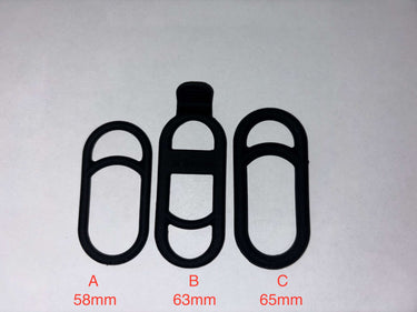 Magicshine Silicon Bracket set of three black silicone straps with elongated oval openings, in 58 mm, 63 mm and 65 mm lengths.