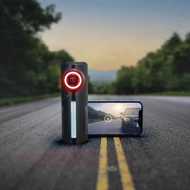 Magicshine Seemee DV Camera taillight mounted on bicycle seat post showing dual use for safety and recording