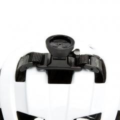 Magicshine Helmet Garmin Mount with adjustable straps on white bike helmet for Garmin quarter turn devices